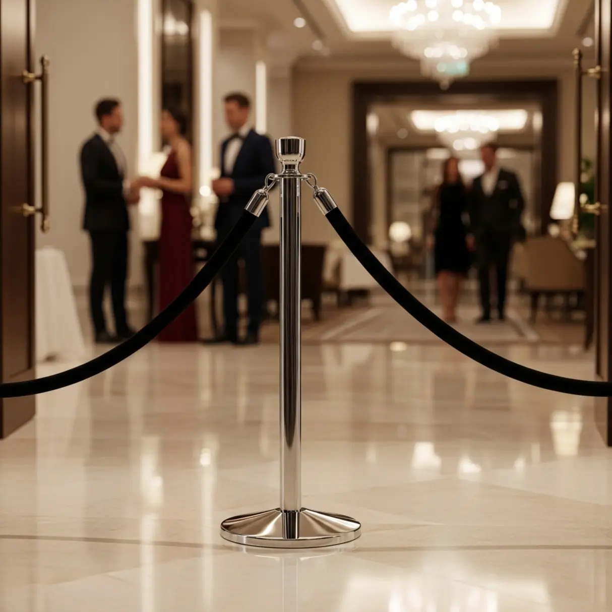 Metalowy słupek z czarną taśmą w luksusowym wnętrzu hotelu, wyznaczający strefę VIP.