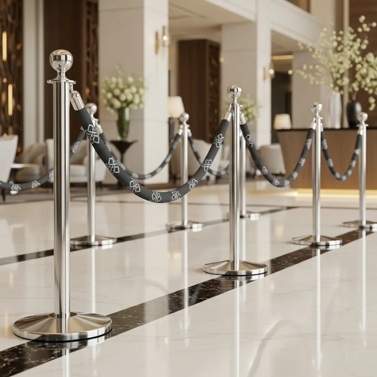 Eleganckie, chromowane słupki z taśmami odgradzającymi w luksusowym lobby hotelowym.