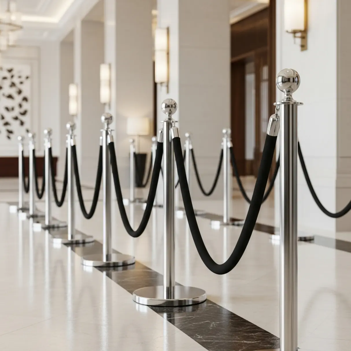 Barierki chromowane z czarnymi pasami w luksusowym lobby hotelowym.