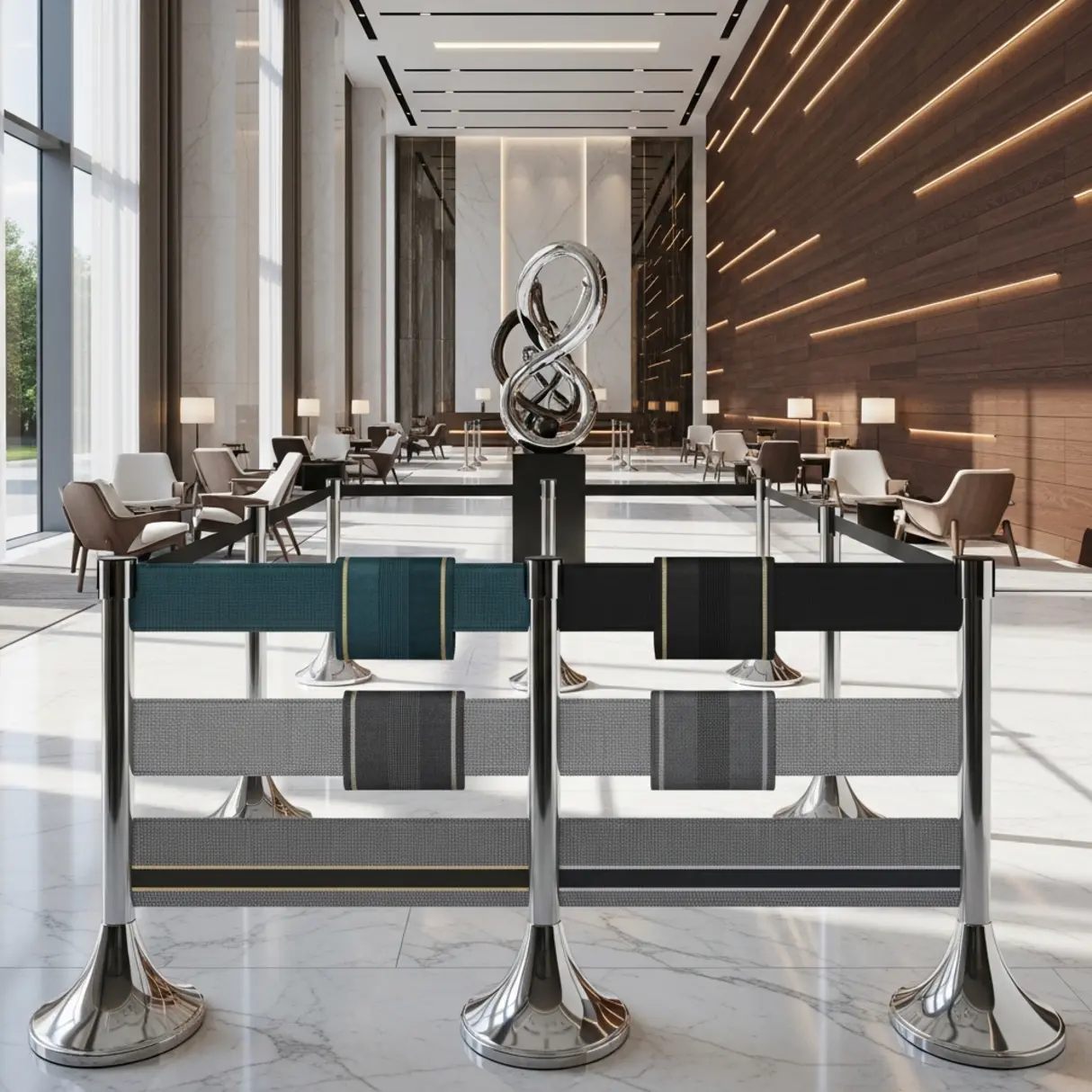 Polerowane chromowane słupki z eleganckimi, chowanymi pasami w luksusowym lobby hotelowym.