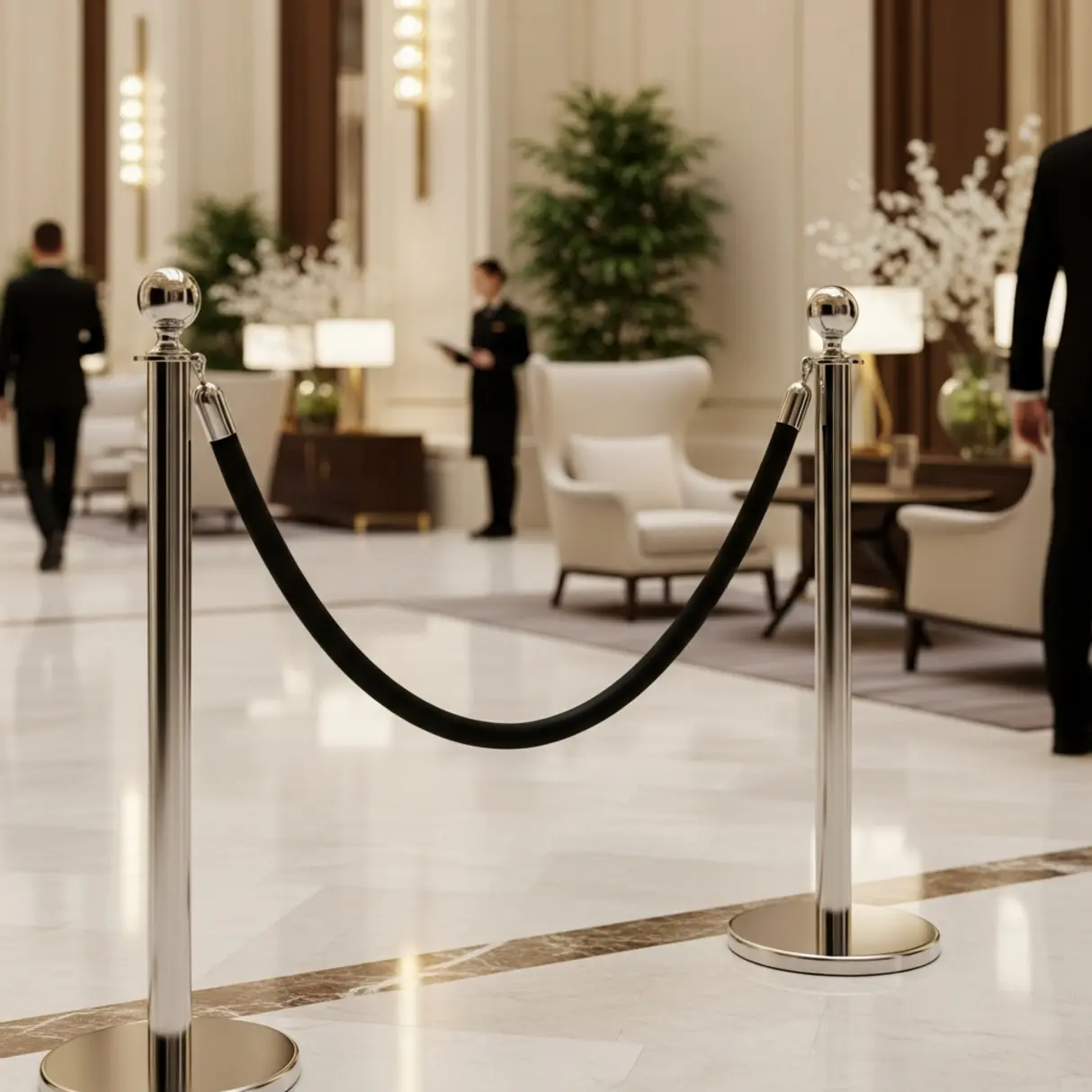 Chromowany słupek odgradzający z czarną taśmą w luksusowym holu hotelowym.