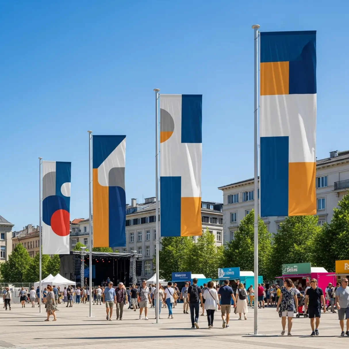 Tłum ludzi na festiwalu miejskim z reklamowymi flagami z abstrakcyjnymi wzorami.