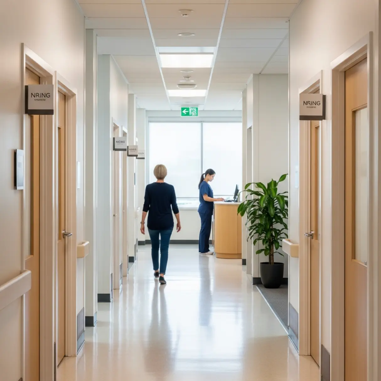 Jasny, nowoczesny korytarz kliniki z pacjentem i pracownikiem medycznym.