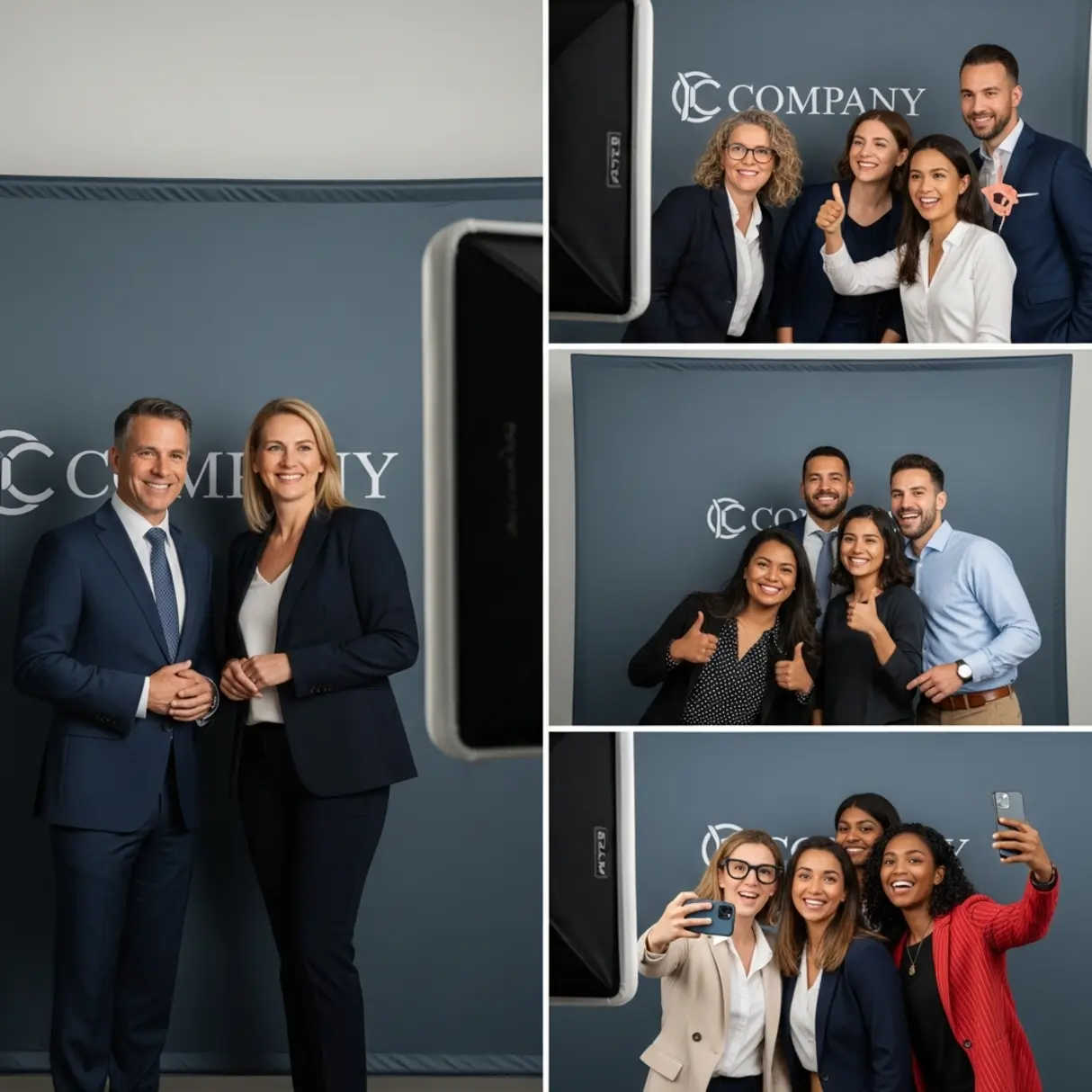 Kolaż zdjęć z fotobudki na imprezie firmowej: pracownicy pozują na tle z logo firmy, robią zdjęcia grupowe i selfie.