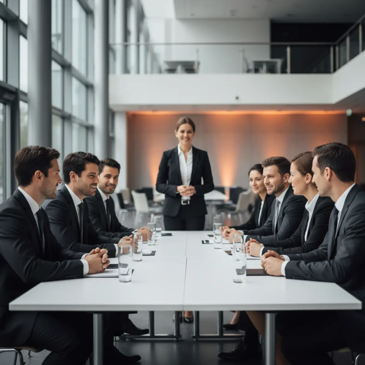 Zdjęcie z eleganckiego wydarzenia firmowego z profesjonalistami dyskutującymi przy białym stole, nadzorowanego przez uśmiechniętego organizatora.