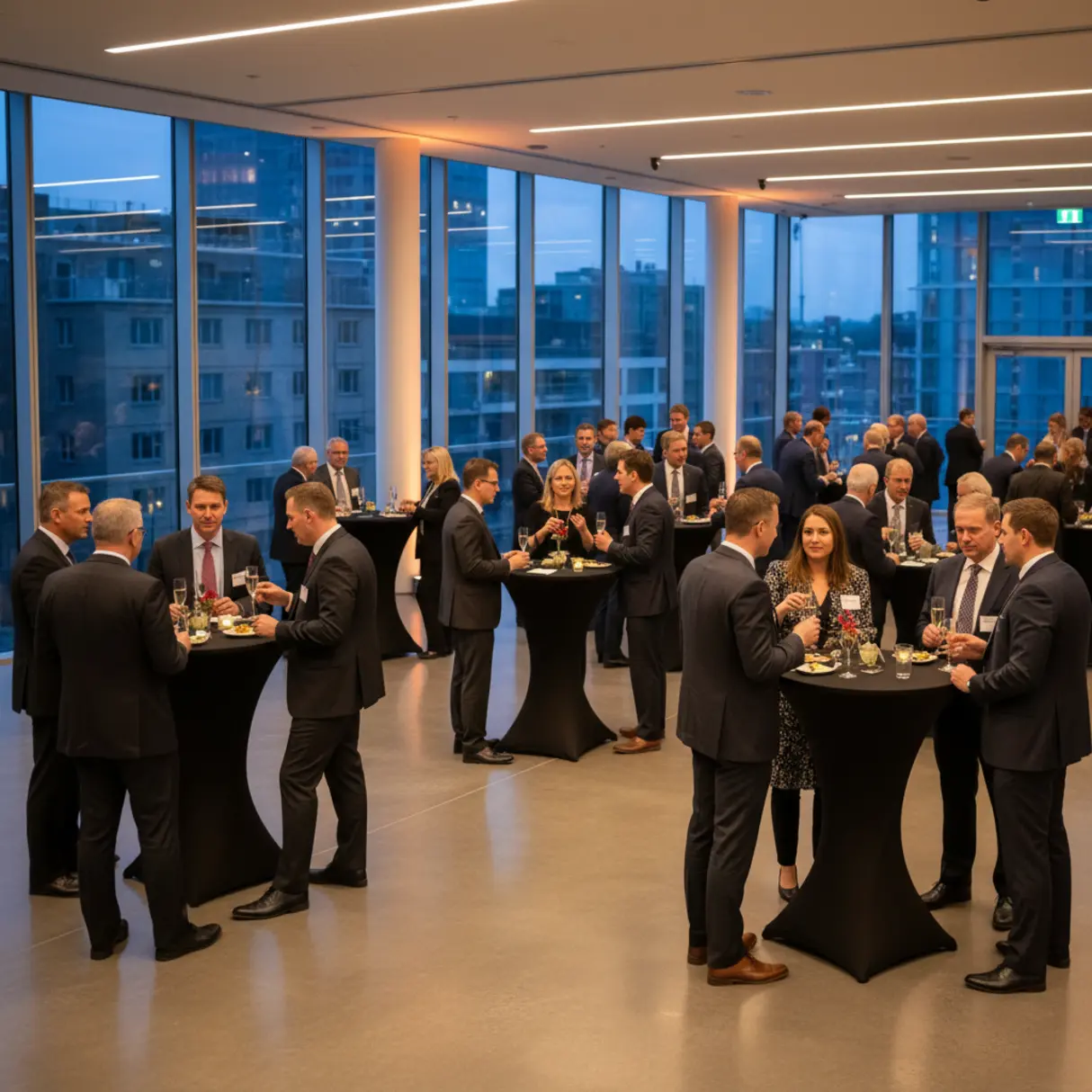 Networking korporacyjny: elegancki event w przestronnej sali z gośćmi w biznesowych strojach.