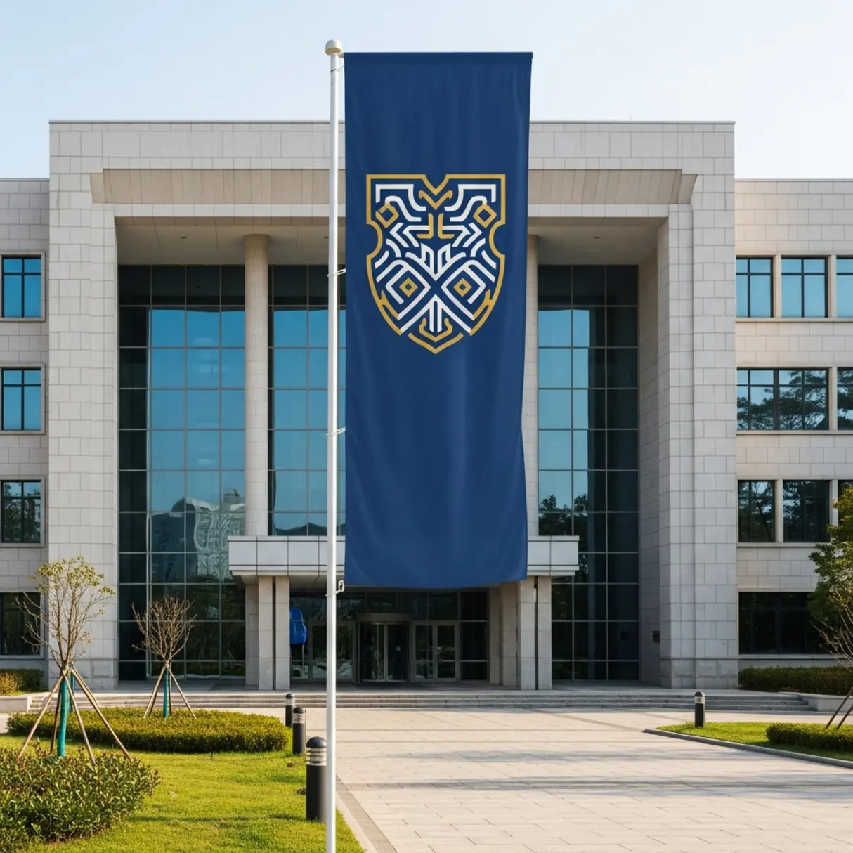 Flaga reklamowa w kształcie herbu przed nowoczesnym budynkiem uniwersytetu.
