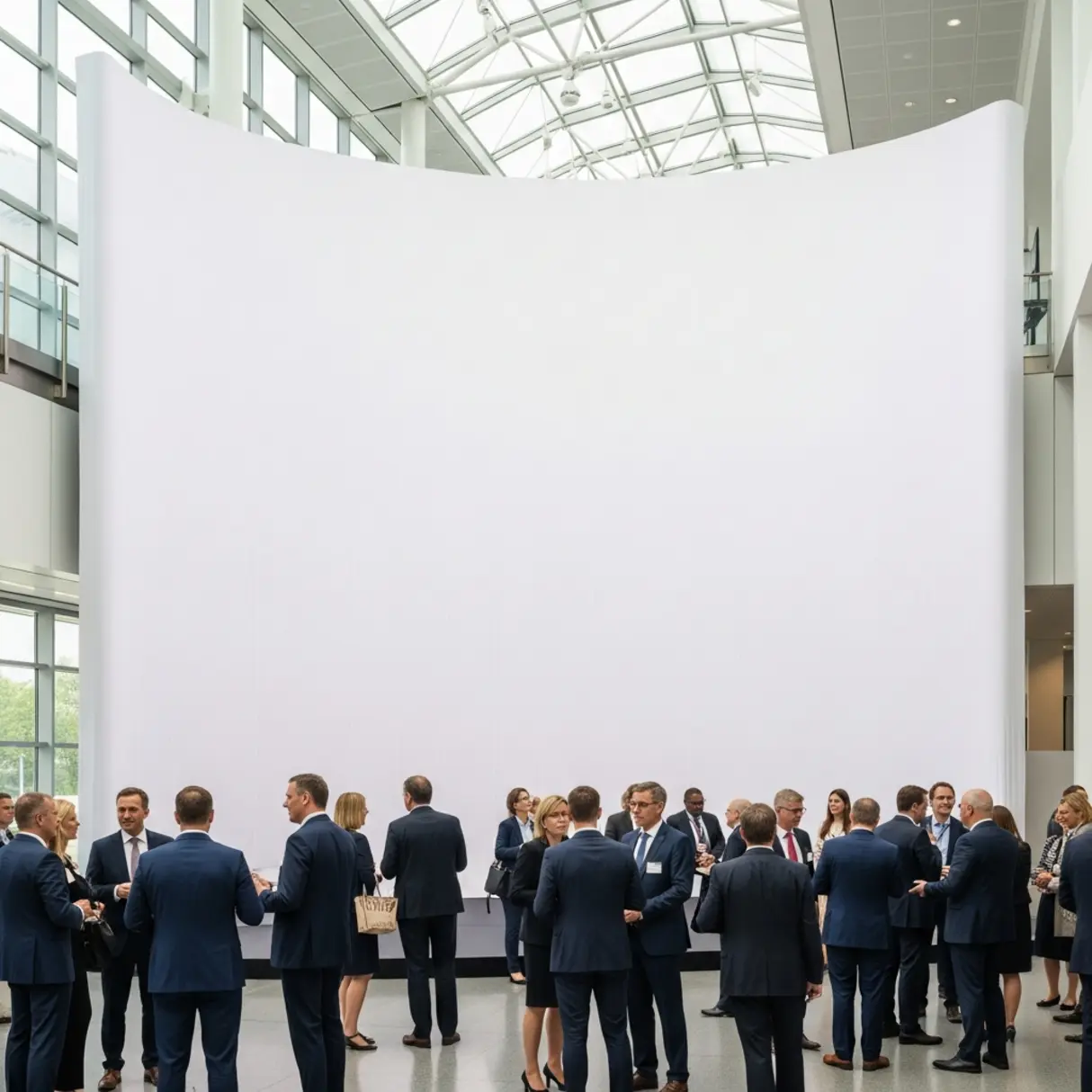 Grupa osób w strojach biznesowych zgromadzona przed dużą, białą, zakrzywioną ścianą na oficjalnym wydarzeniu.