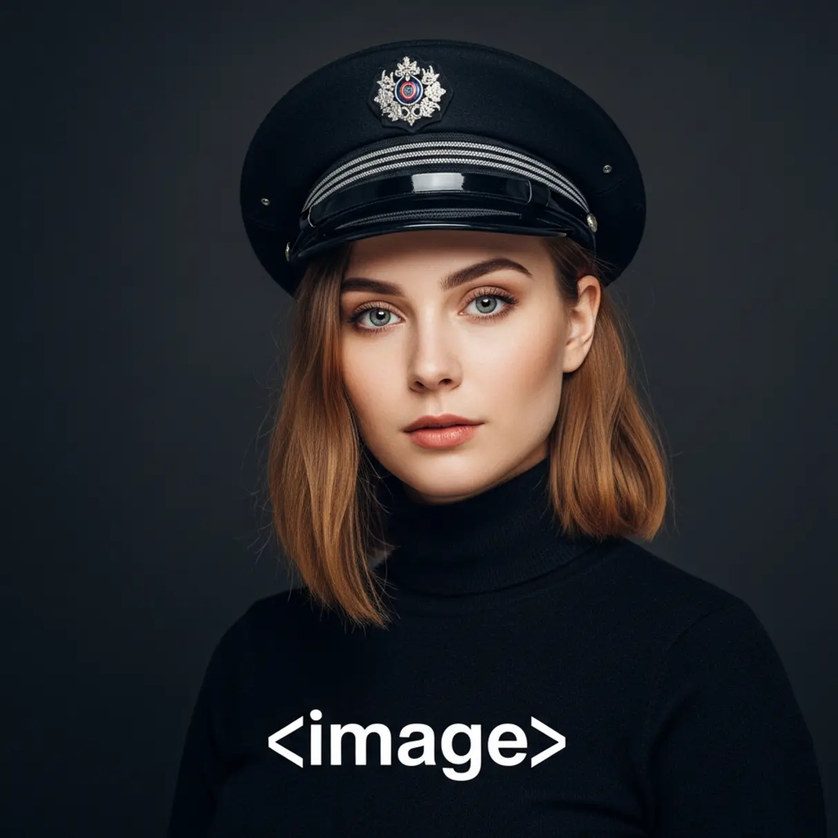 Portret kobiety w czarnym mundurze i czapce.