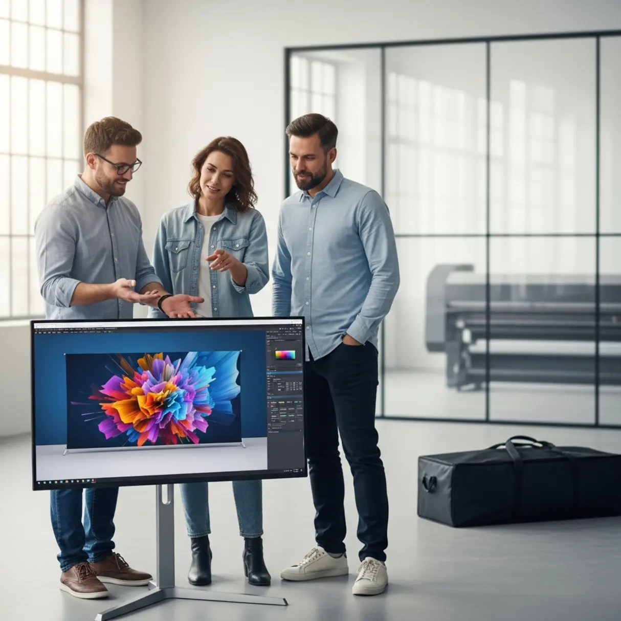 Trzy osoby omawiają projekt graficzny wyświetlany na dużym monitorze w nowoczesnym studio projektowym. W tle widoczna drukarka wielkoformatowa i torba transportowa.