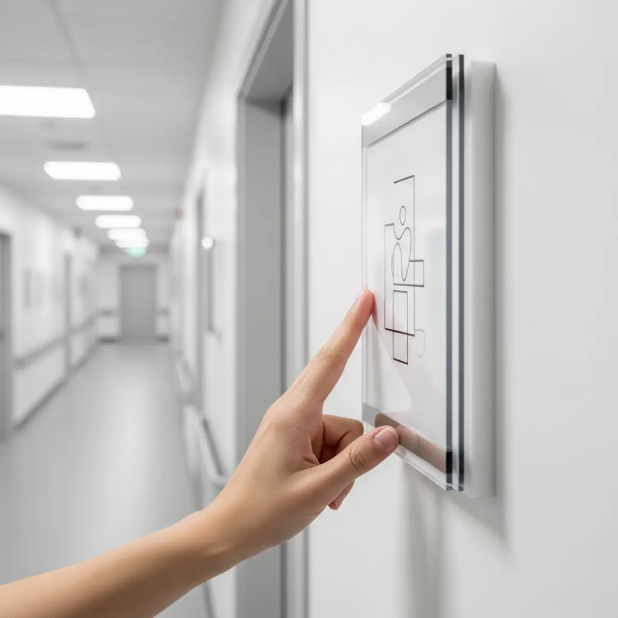 Dłoń naciska minimalistyczną tabliczkę przydrzwiową w korytarzu placówki medycznej.