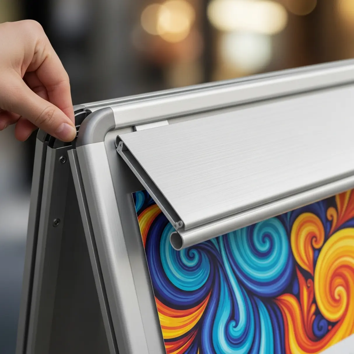 Nowoczesny potykacz reklamowy z aluminium z ramkami OWZ, otwierany przez osobę w celu wymiany grafiki.