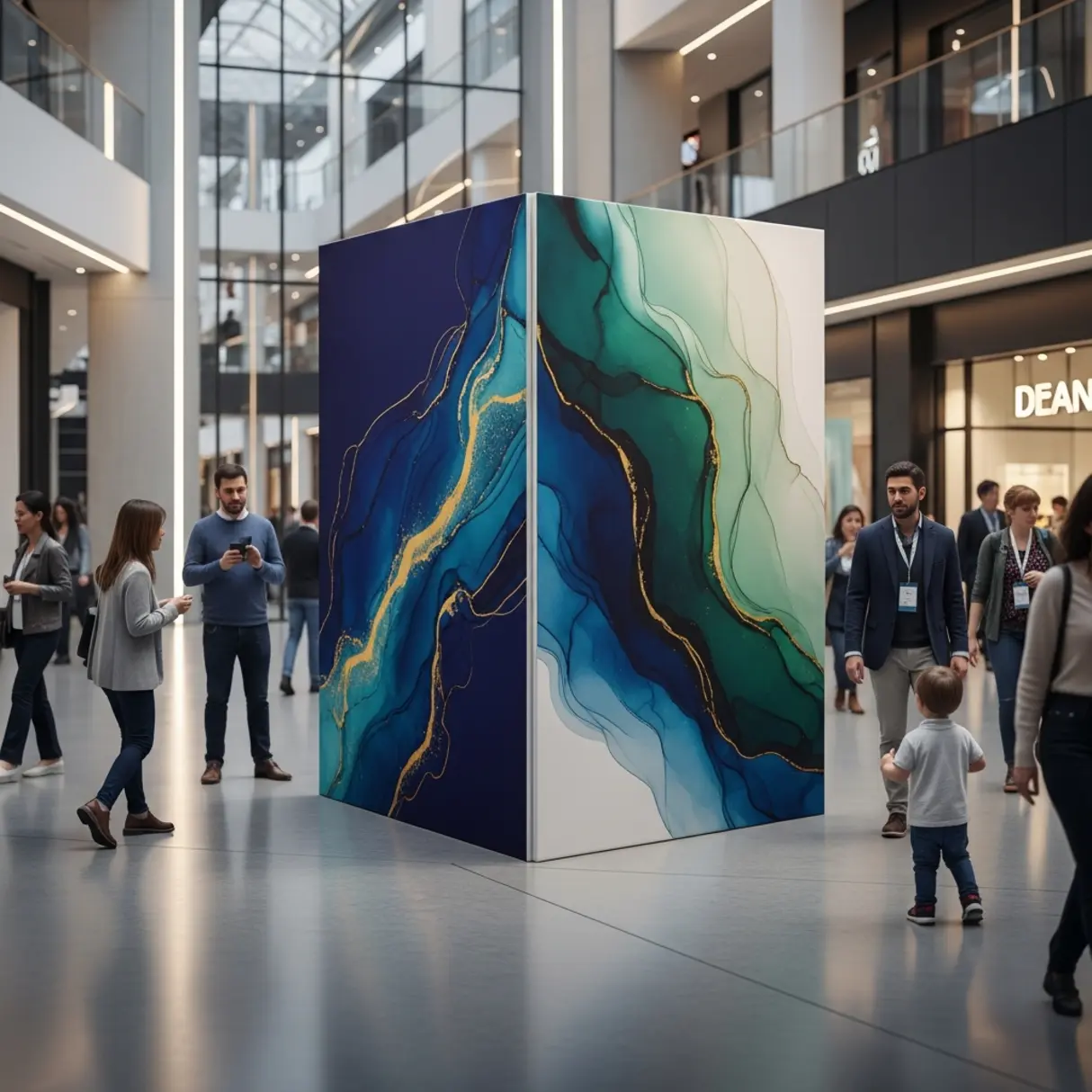 Dwustronna ścianka reklamowa z abstrakcyjnymi grafikami w centrum otwartej przestrzeni handlowej, otoczona przechodzącymi ludźmi.