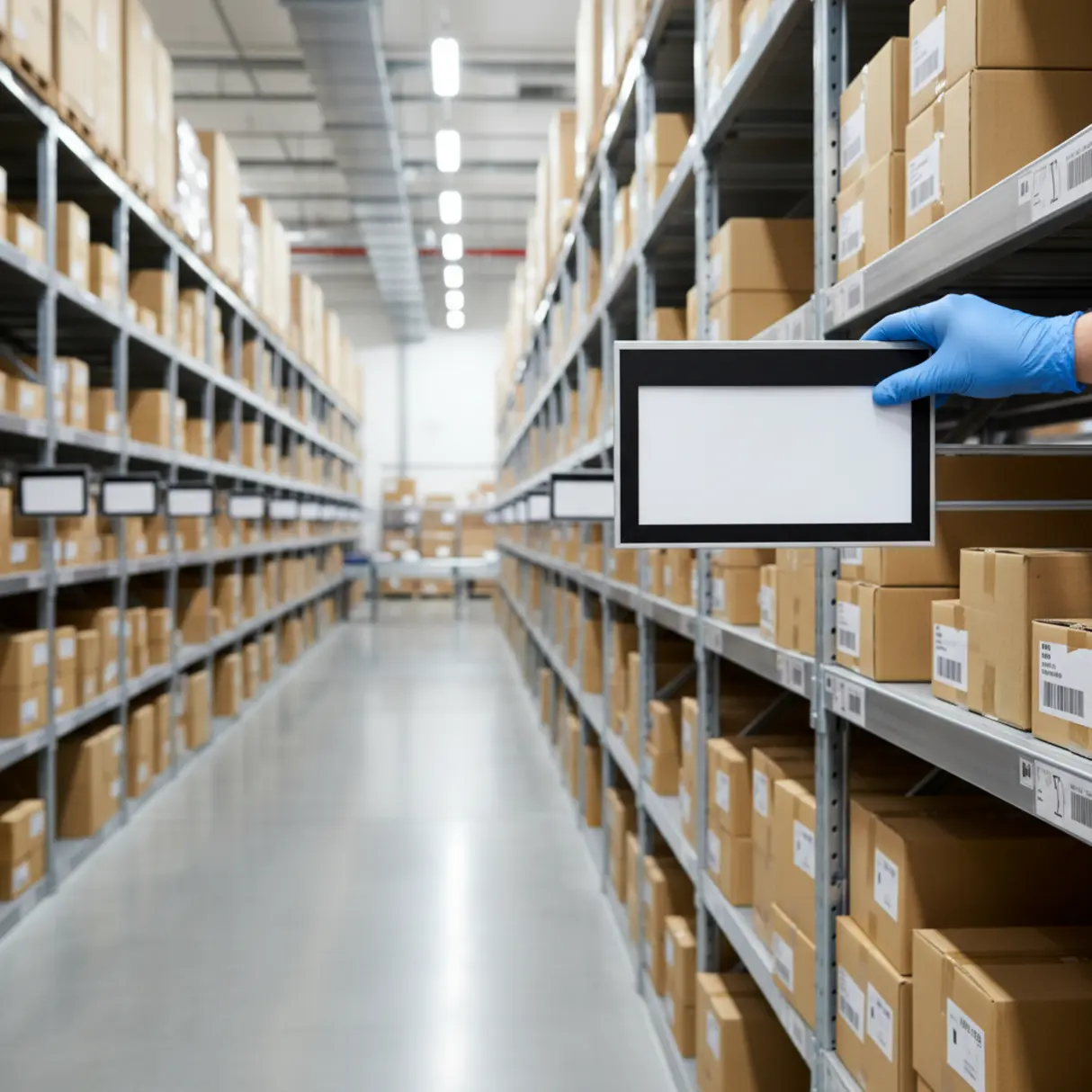 Zdjęcie magazynu e-commerce, pracownik umieszcza etykietę w ramce na regale z pudełkami.