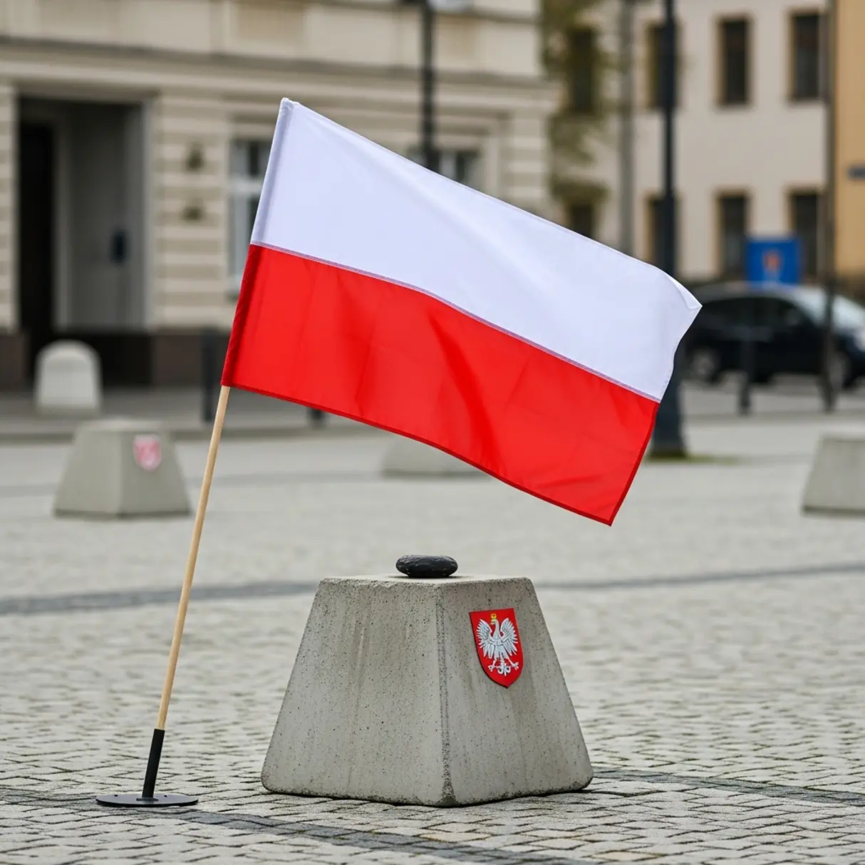 Flaga Polski na tle miejskiego placu.