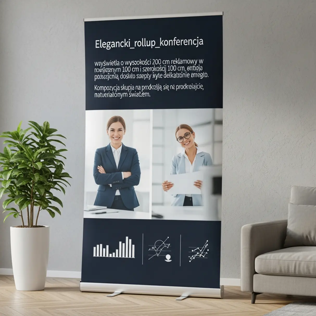 Elegancki rollup reklamowy w nowoczesnym wnętrzu, prezentujący grafikę z biznesowymi postaciami i wykresami.
