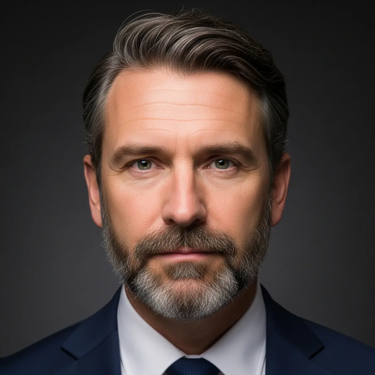 Portret mężczyzny w garniturze z szarą brodą.