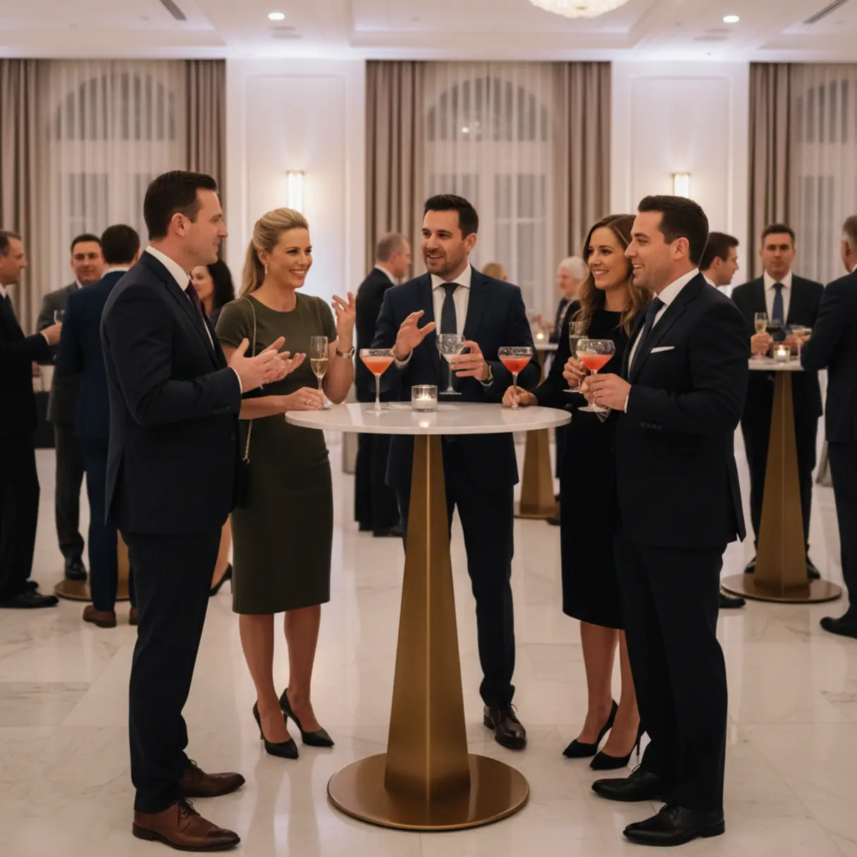 Eleganckie przyjęcie: ludzie w garniturach rozmawiają i piją drinki wokół wysokiego, okrągłego stolika koktajlowego.