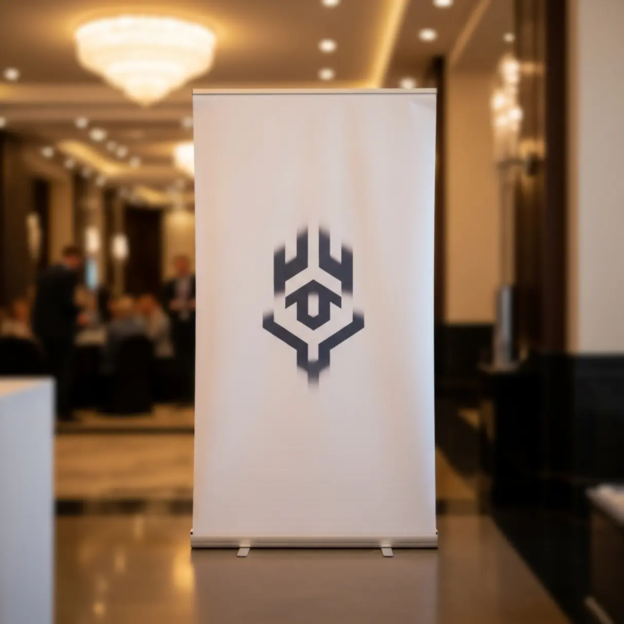 Elegancka ścianka reklamowa z abstrakcyjnym logo w wytwornym wnętrzu.