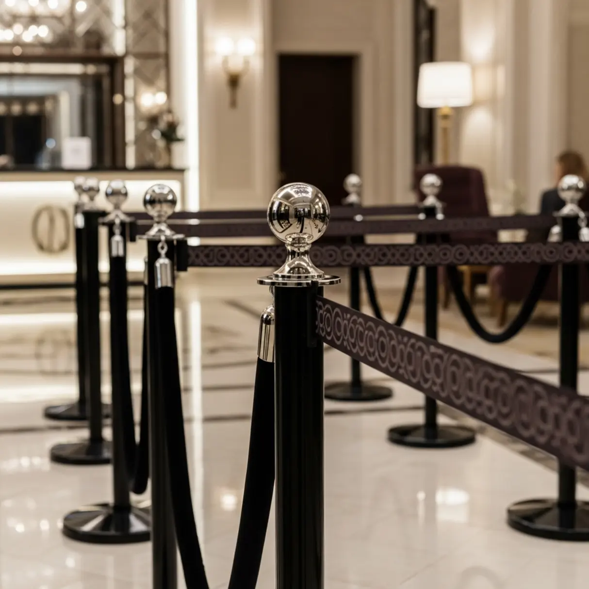 Eleganckie słupki z taśmami w luksusowym hotelowym lobby.