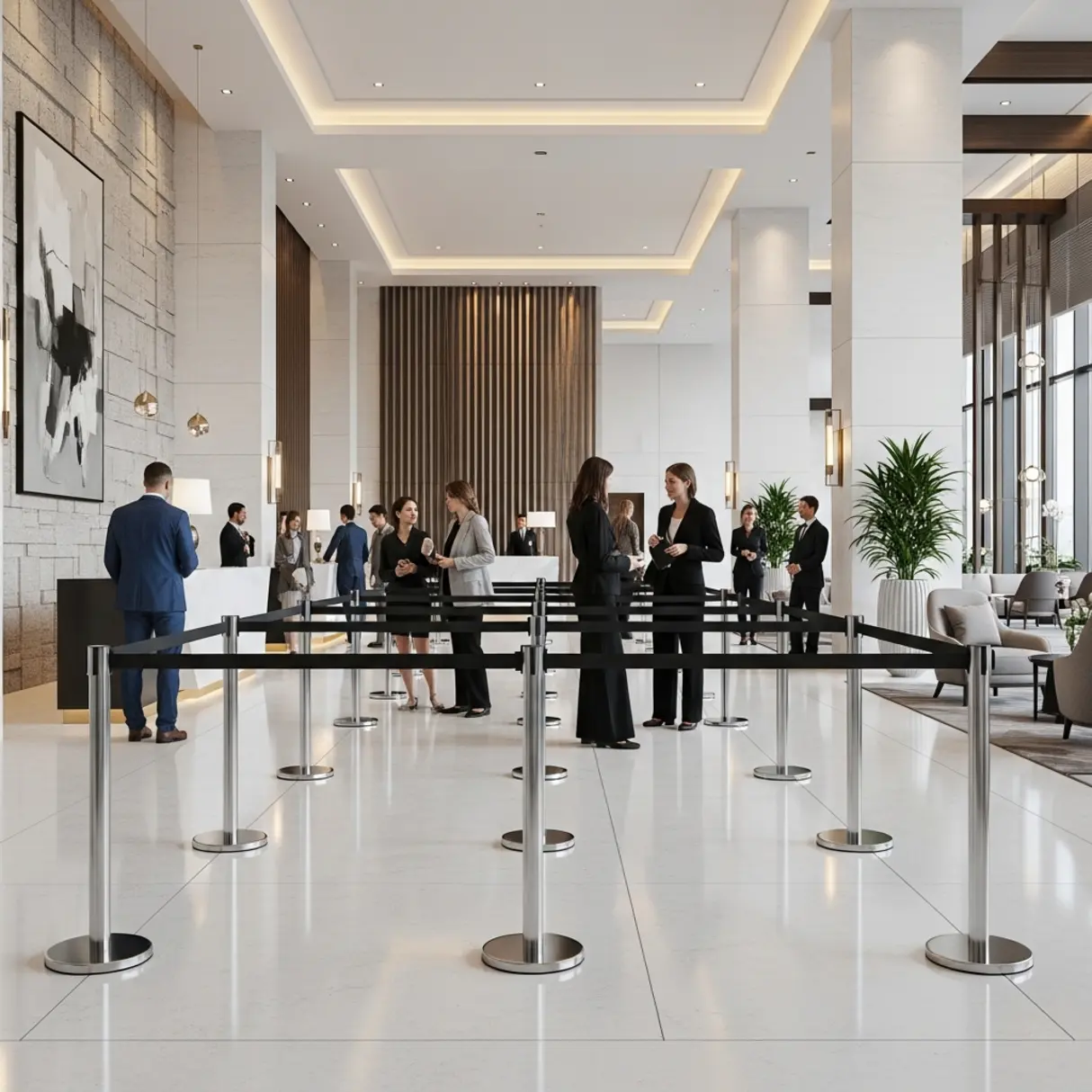 Luksusowe lobby hotelowe z eleganckimi słupkami z pasami wyznaczającymi ścieżki dla gości.
