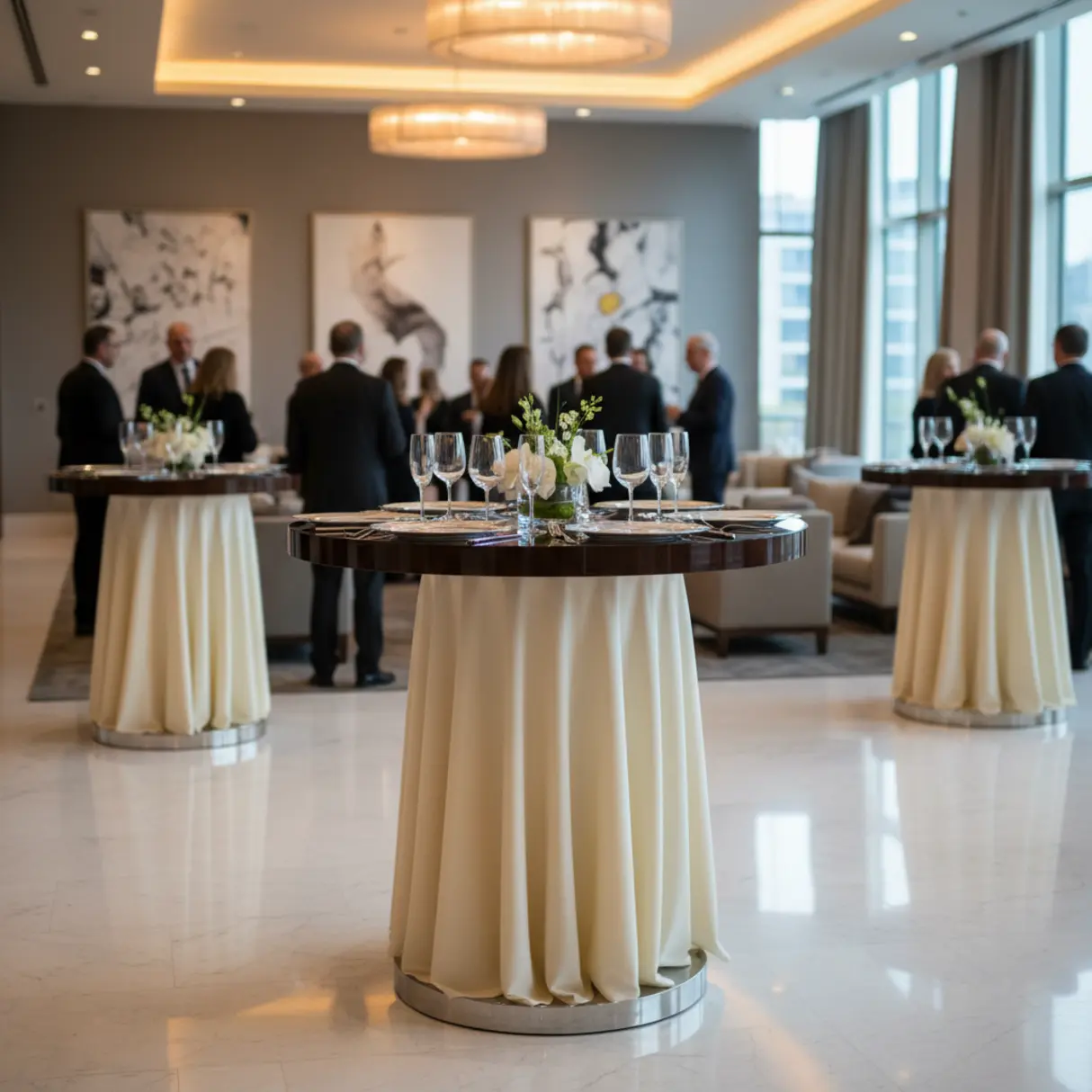 Elegancki, okrągły stół eventowy w nowoczesnej sali konferencyjnej.