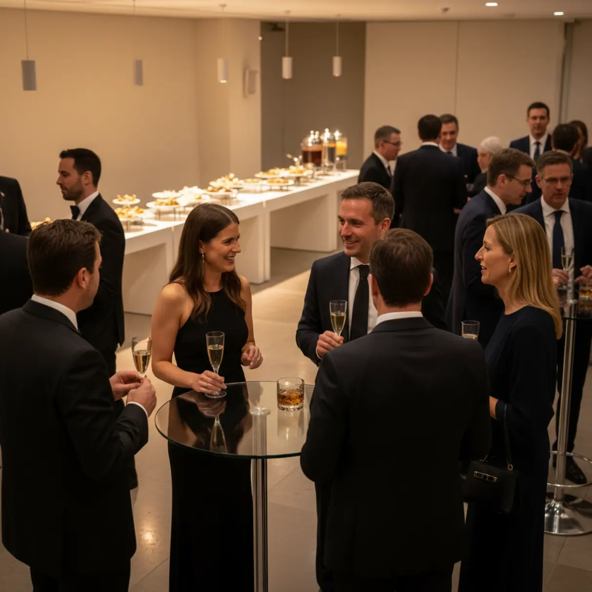 Eleganckie przyjęcie wieczorowe z gośćmi w garniturach i sukienkach, prowadzącymi rozmowy przy koktajlowych stolikach w ciepłym oświetleniu, z bufetem w tle.