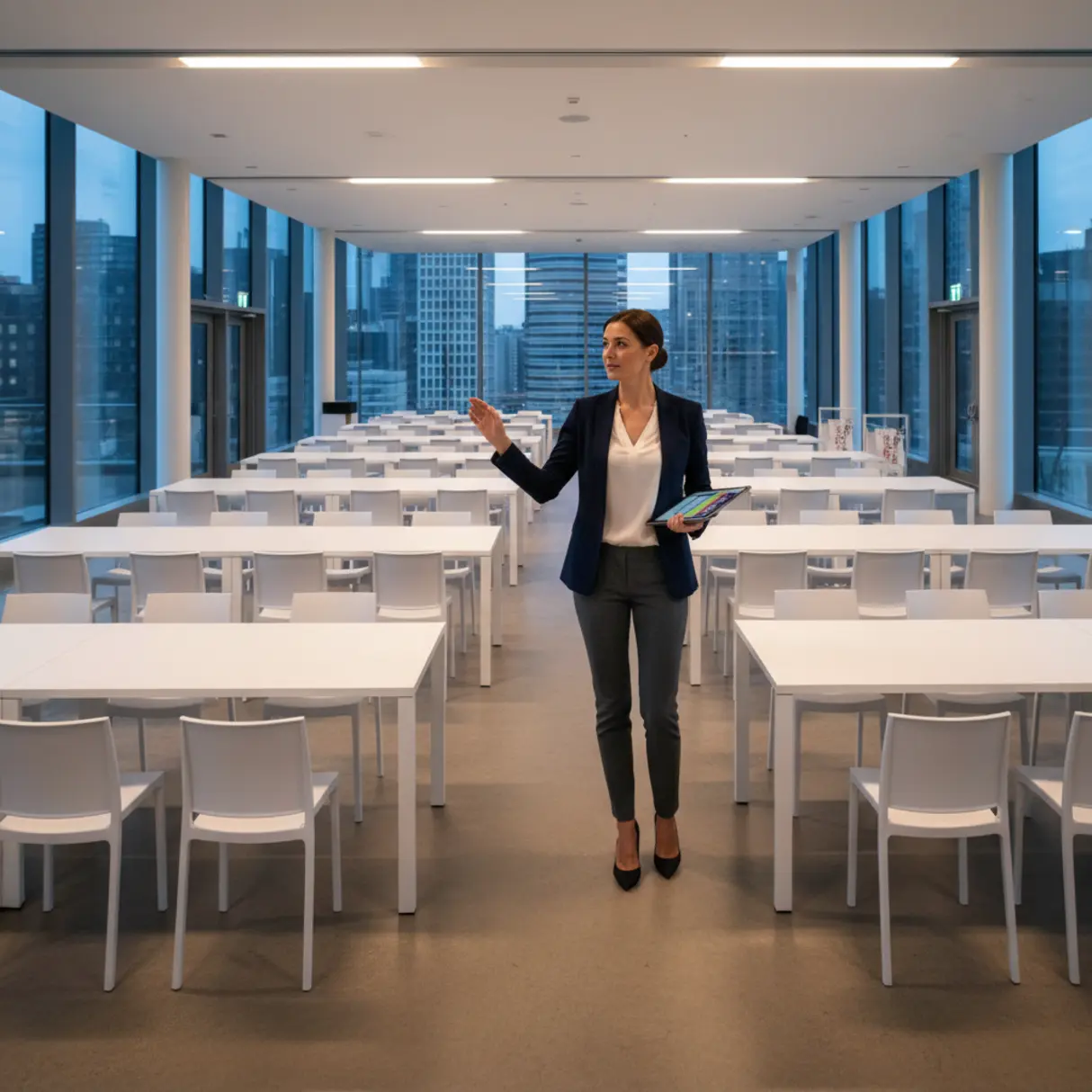 Event planner w eleganckim stroju kontroluje przygotowanie sali konferencyjnej z białymi stołami i krzesłami.