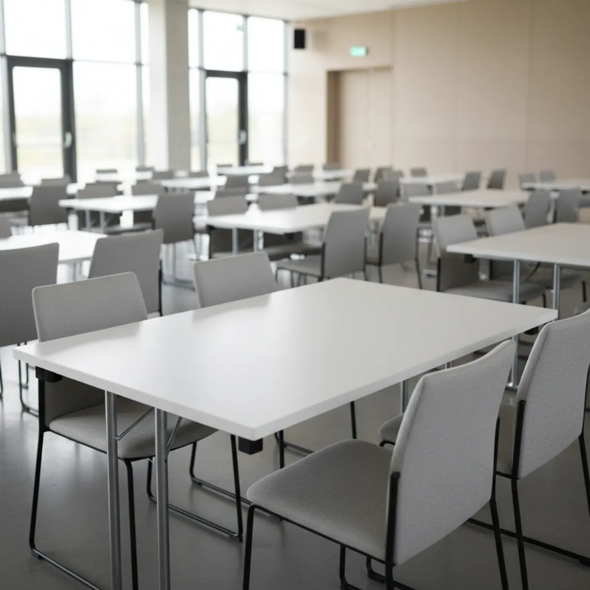 Sala konferencyjna z białymi stołami i szarymi krzesłami, gotowa na wydarzenie.