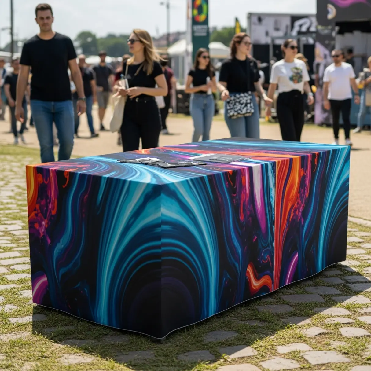 Stół eventowy 180x75cm na plenerowej imprezie z abstrakcyjnym nadrukiem na obrusie.