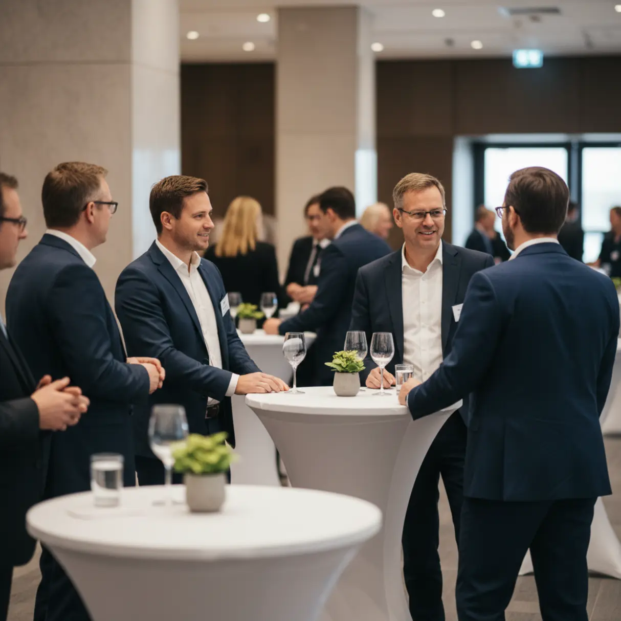 Ludzie w strojach biznesowych rozmawiający przy stołach na wydarzeniu networkingowym.