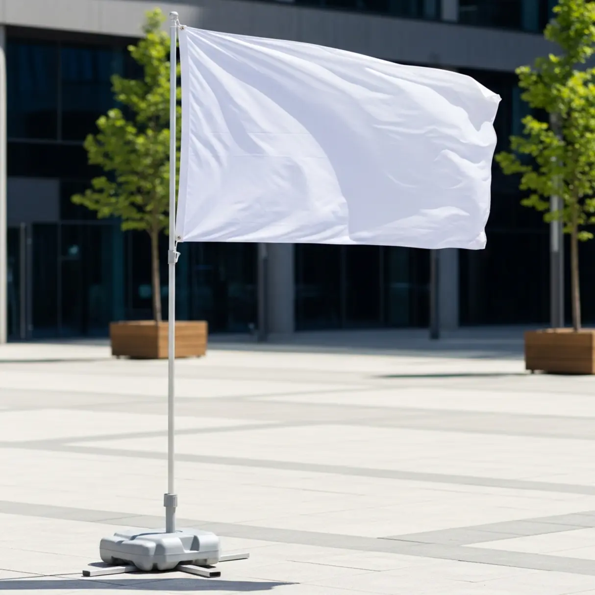 Biała flaga reklamowa na aluminiowym maszcie z podstawą krzyżową na miejskim placu.