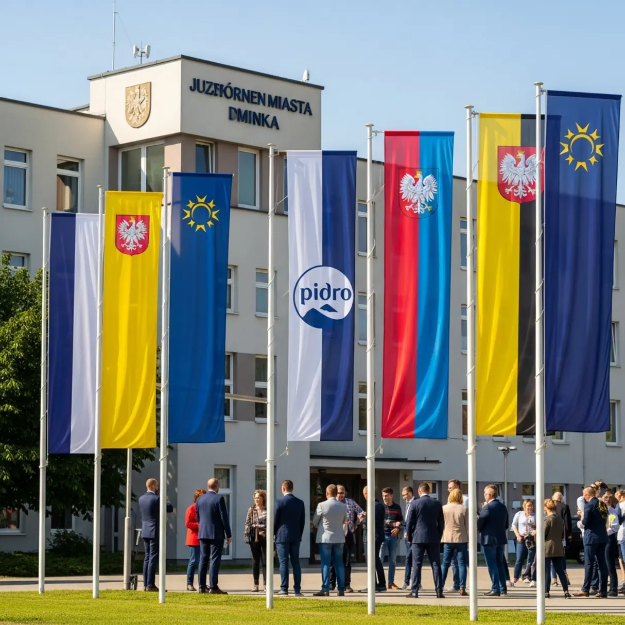 Flagi przed budynkiem Urzędu Miasta Dminika w Józefowie.