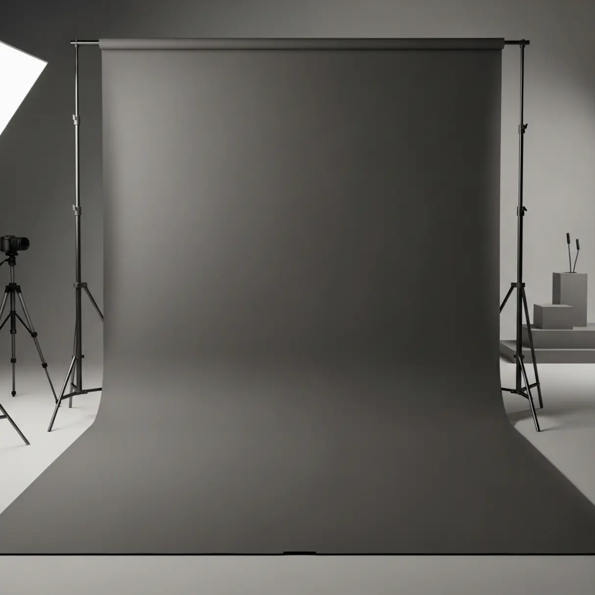 Szare tło fotograficzne w studiu z oświetleniem i statywami.