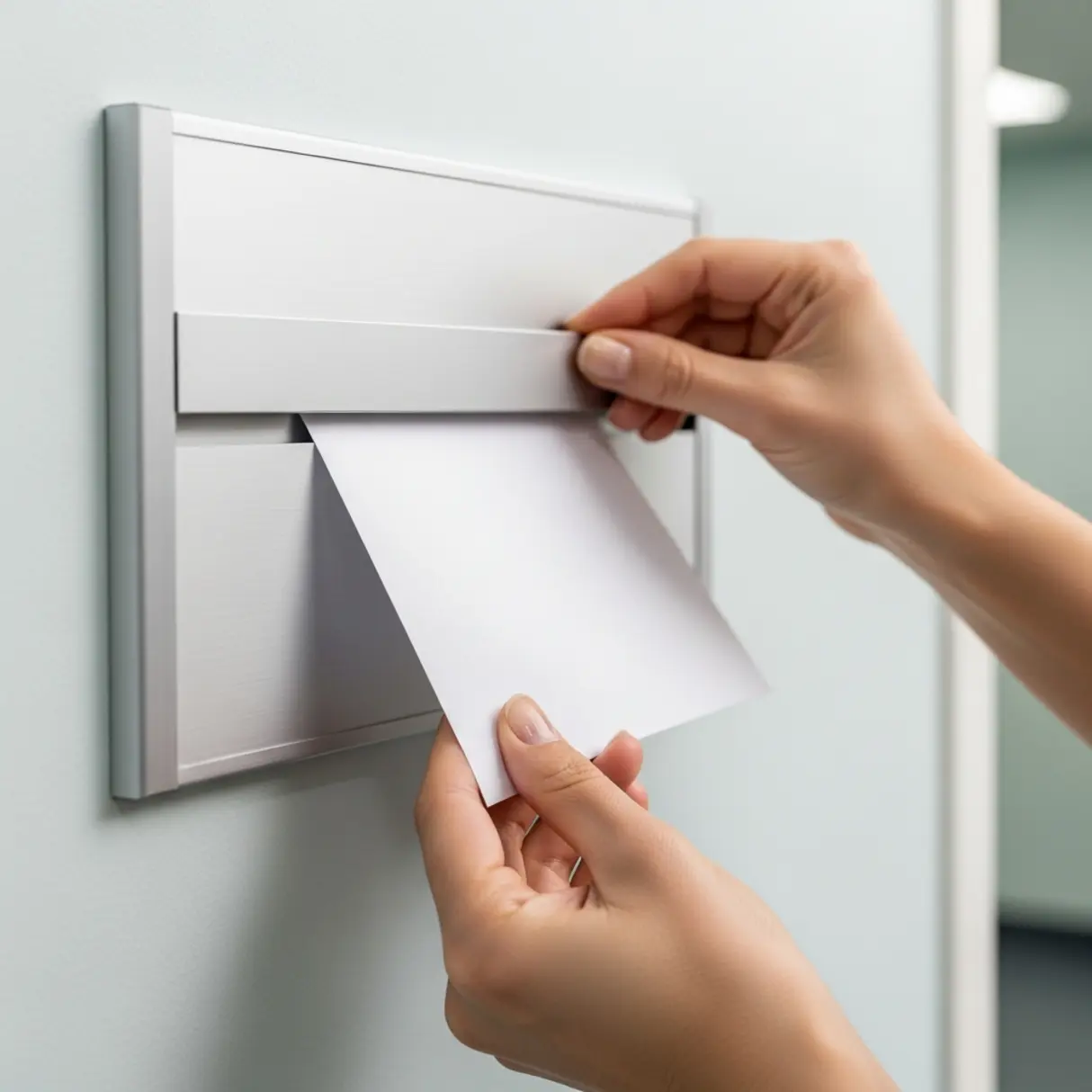 Ręce wsuwają papierową wkładkę do aluminiowego szyldu na ścianie w biurze.