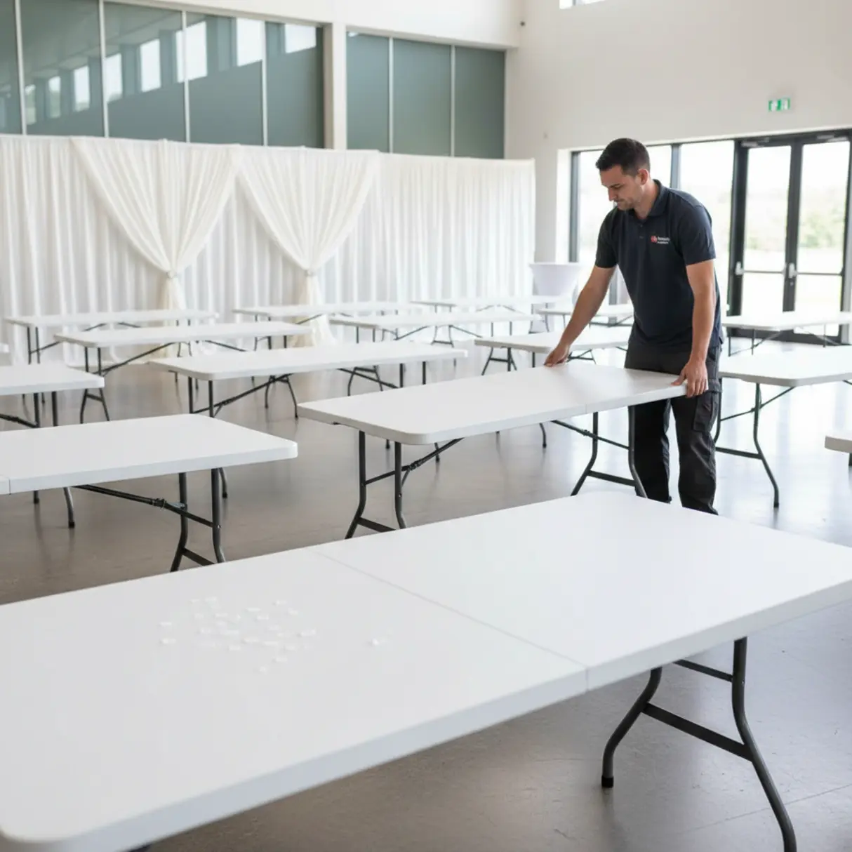 Białe, składane stoły eventowe HDPE w ustawieniu bankietowym, z pracownikiem rozkładającym jeden ze stołów.