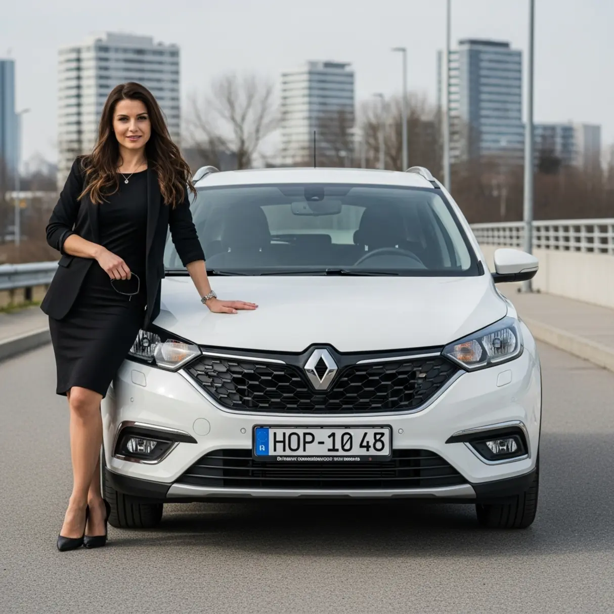 Kobieta w czarnym garniturze opiera się o biały samochód Renault na tle miejskiego krajobrazu.