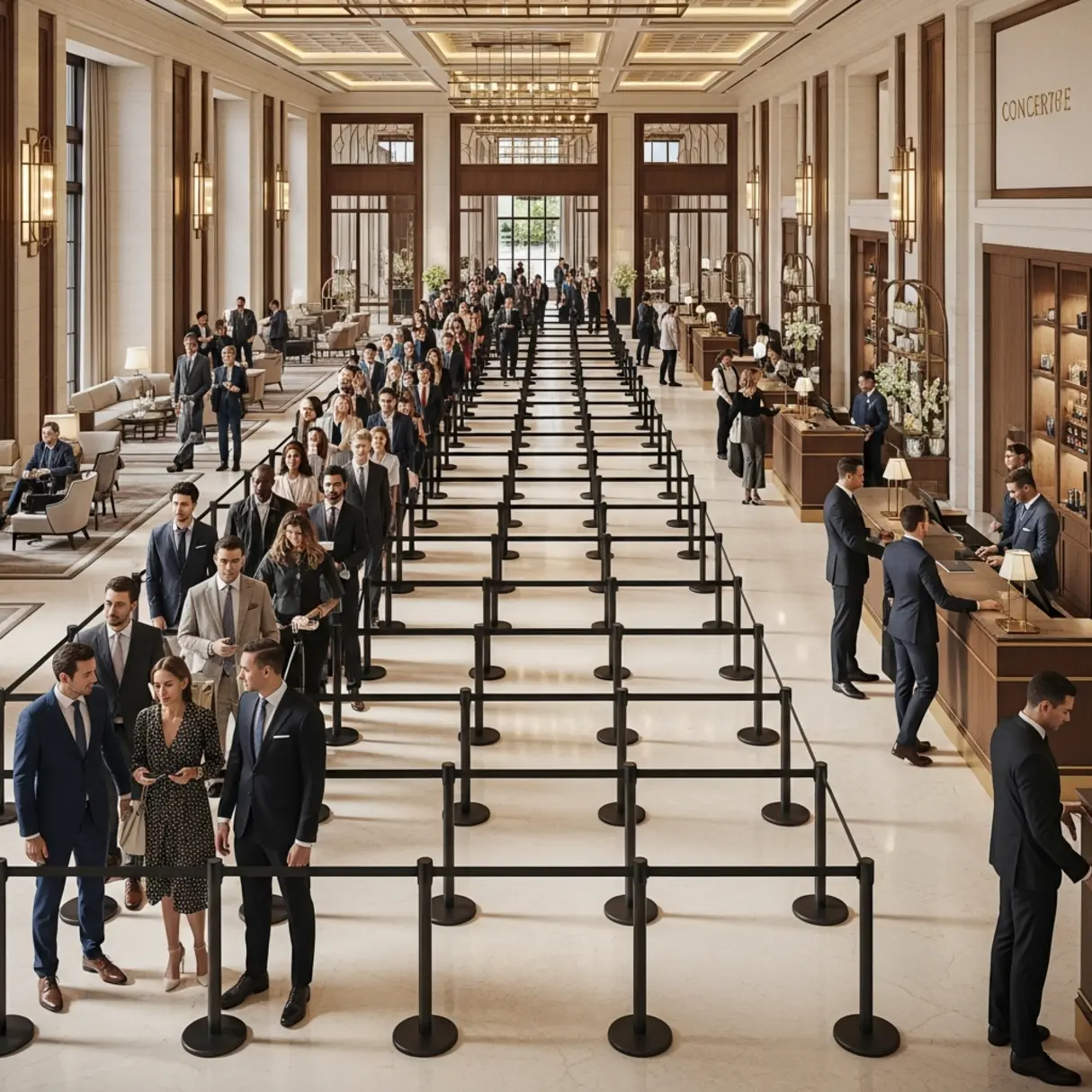 Eleganckie lobby hotelowe z kolejkami ludzi oczekujących przy stanowiskach recepcyjnych.