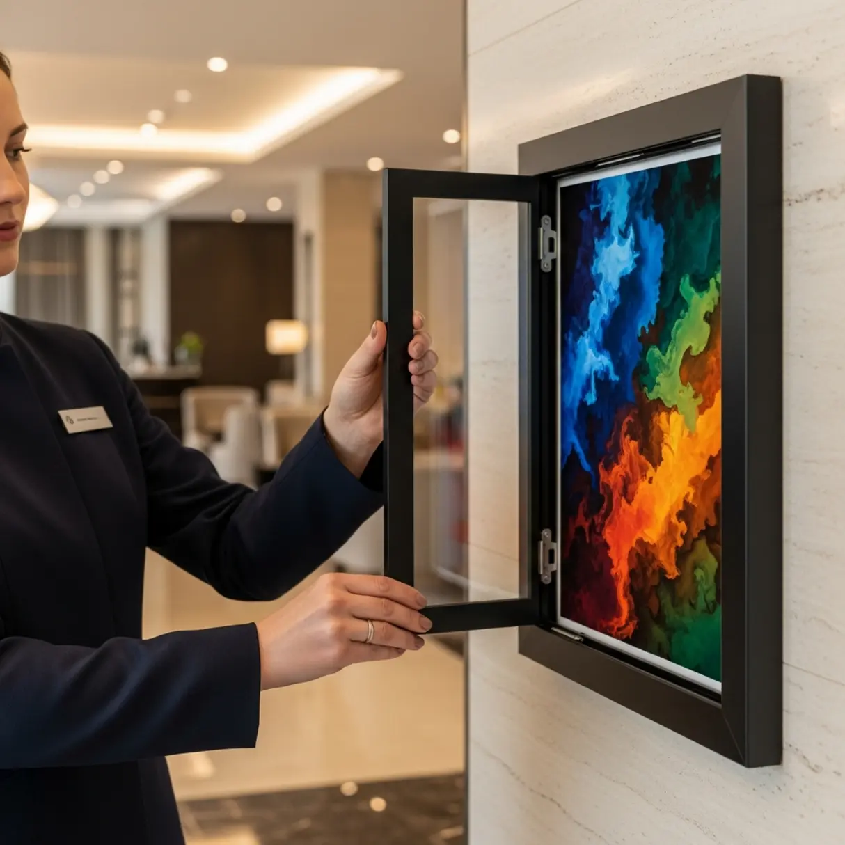 Pracownik hotelu otwiera ramkę zatrzaskową na ścianie, wewnątrz grafika abstrakcyjna.