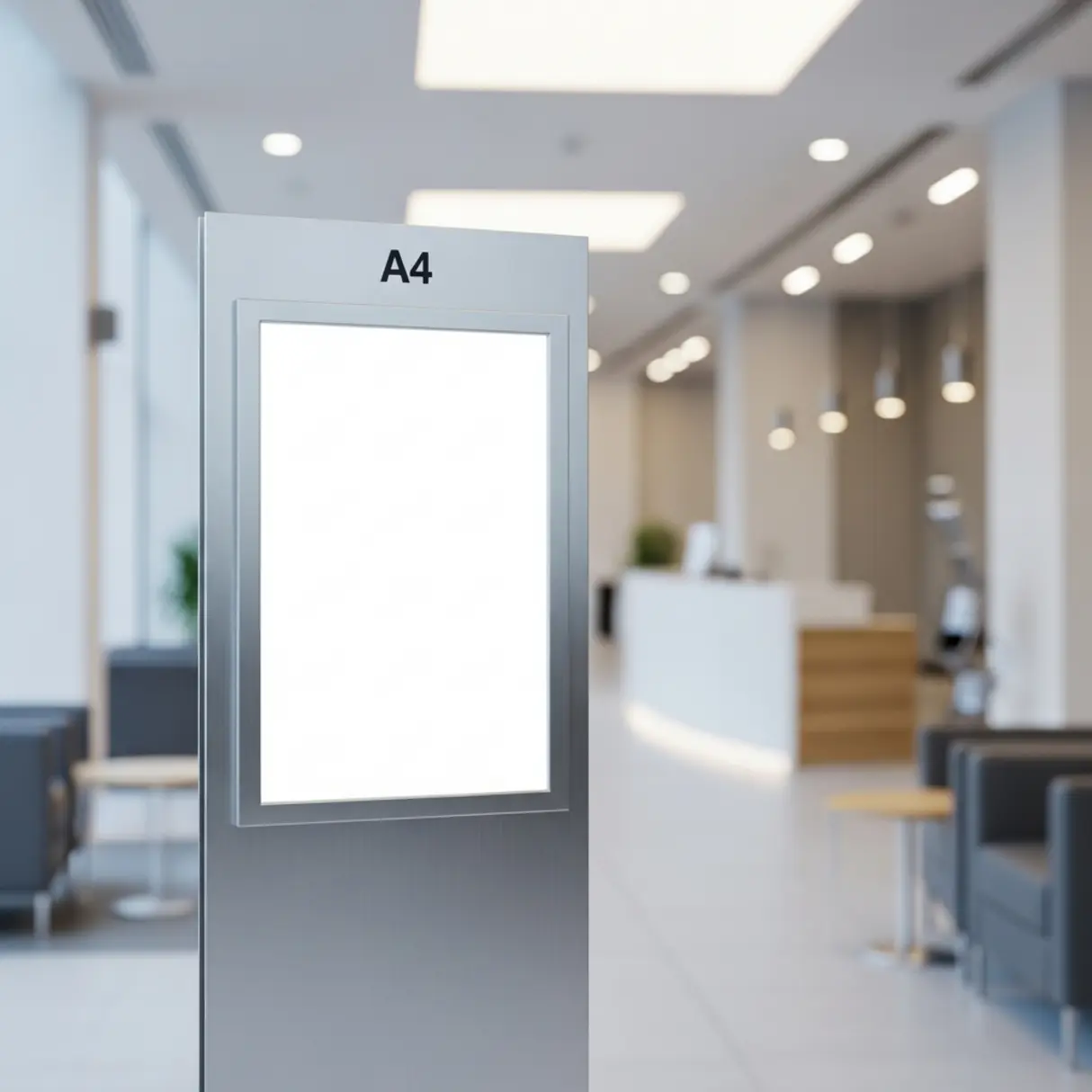 Srebrny stojak informacyjny A4 z pustą ramką w nowoczesnym lobby biurowym.