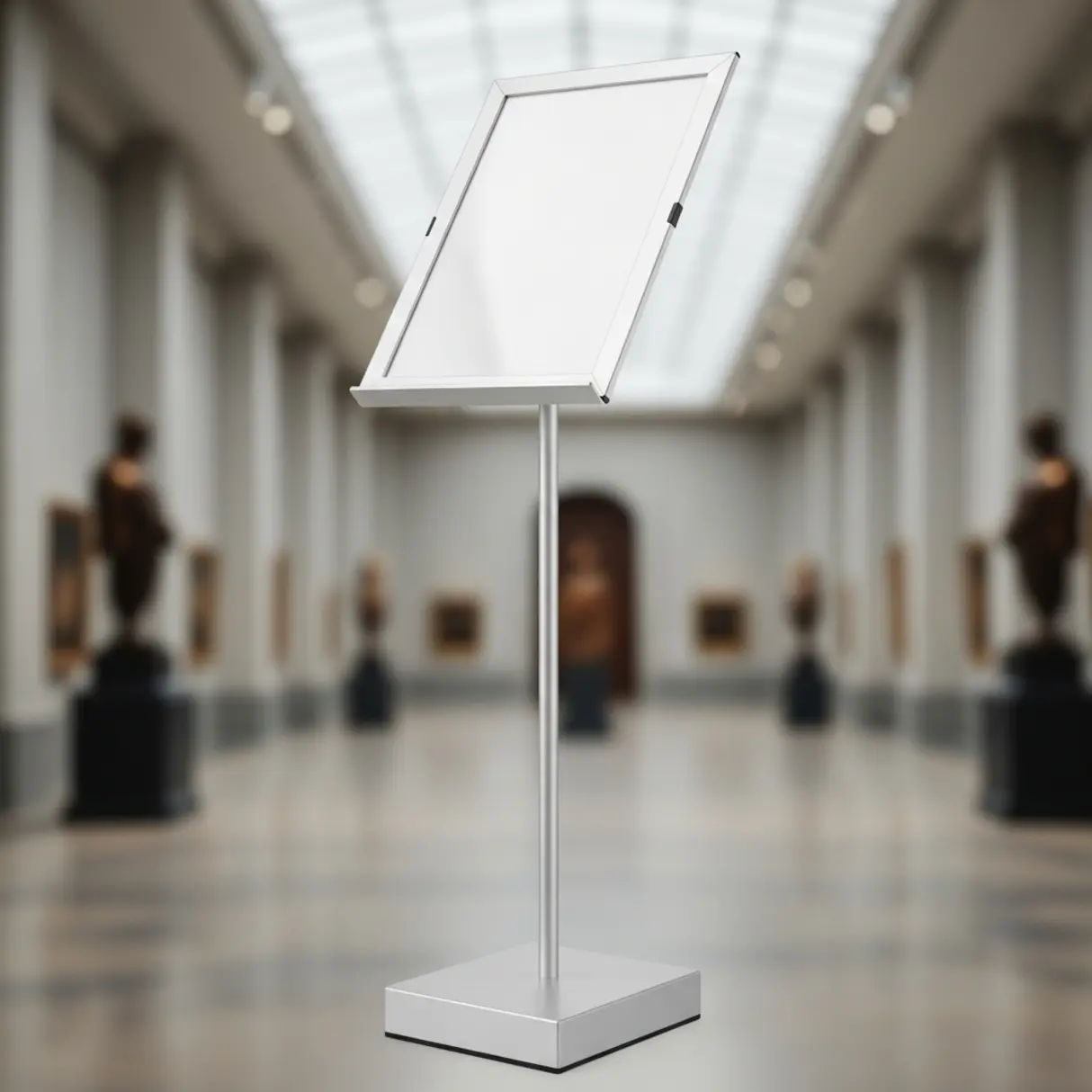 Stojak informacyjny z ramką OWZ A4 w muzeum.