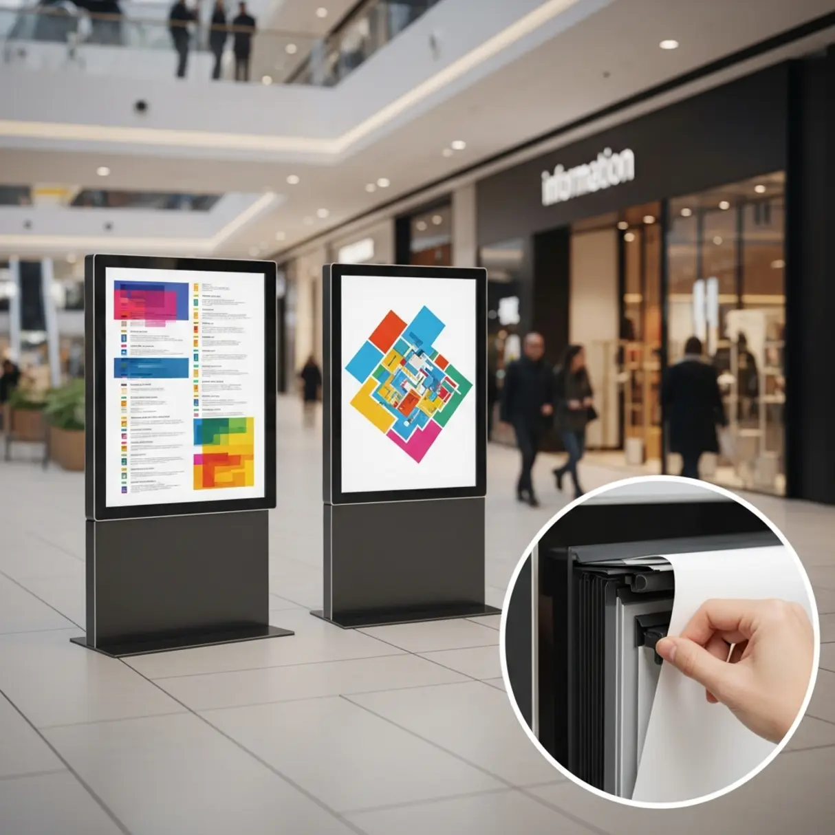 Dwa stojaki informacyjne w galerii handlowej z plakatem harmonogramu i kolorową mapą, dłoń otwiera ramkę zatrzaskową.