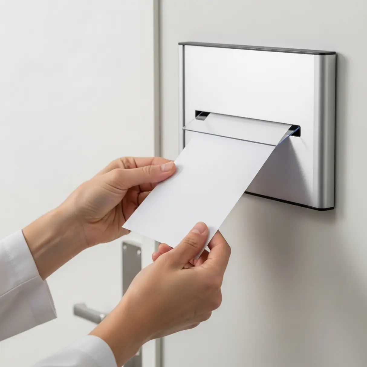 Dłonie wsuwają białą kartkę papieru A6 do aluminiowej tabliczki na drzwiach w szpitalu.