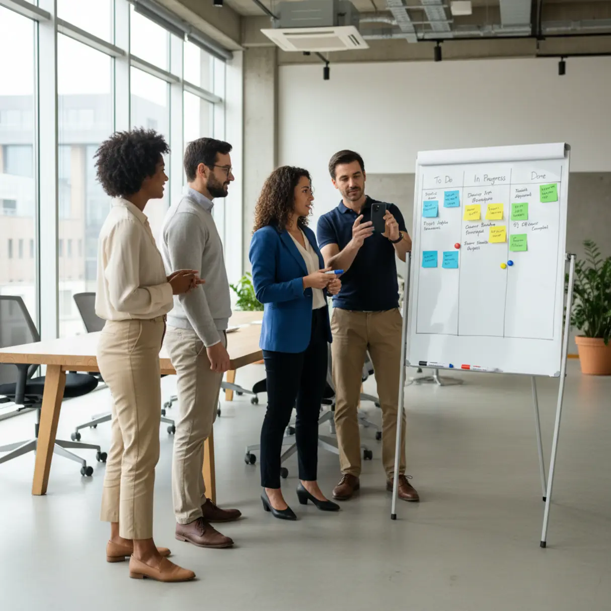 Zespół współpracuje nad tablicą Kanban w nowoczesnym biurze.