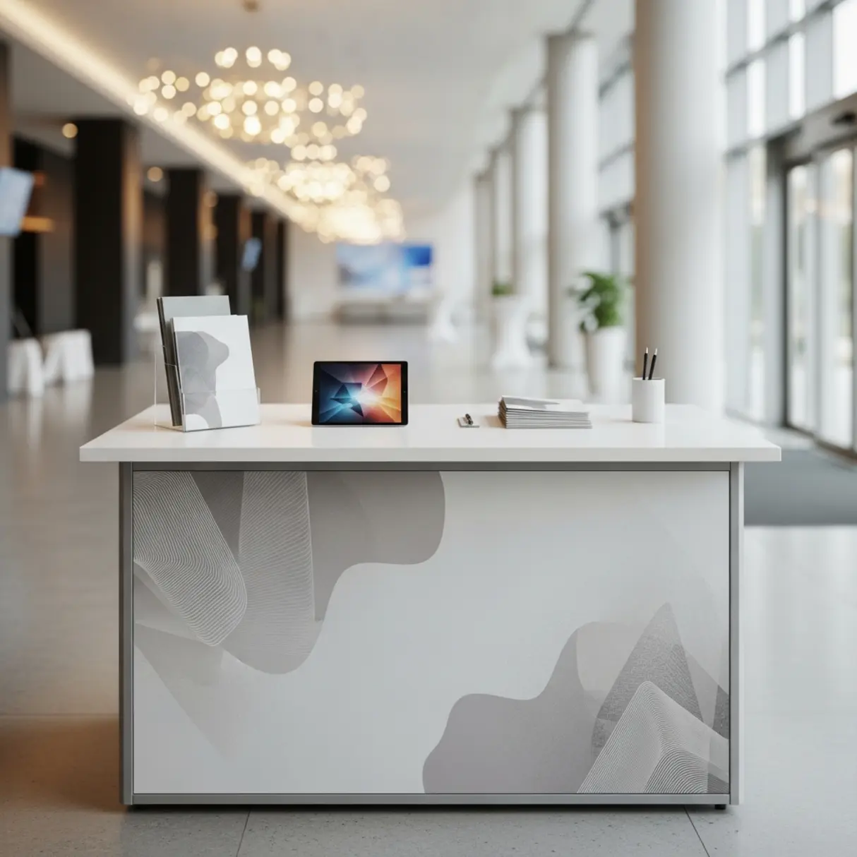 Elegancka, przenośna lada recepcyjna w nowoczesnym lobby konferencyjnym.