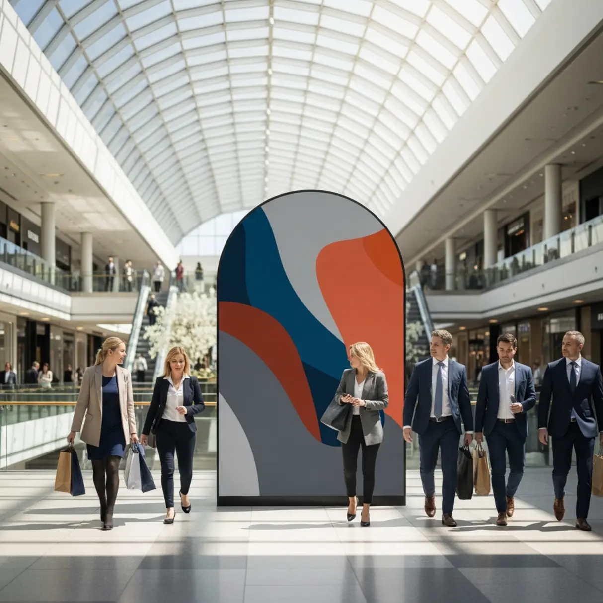 Ścianka reklamowa w kształcie łuku z abstrakcyjnym wzorem w galerii handlowej.