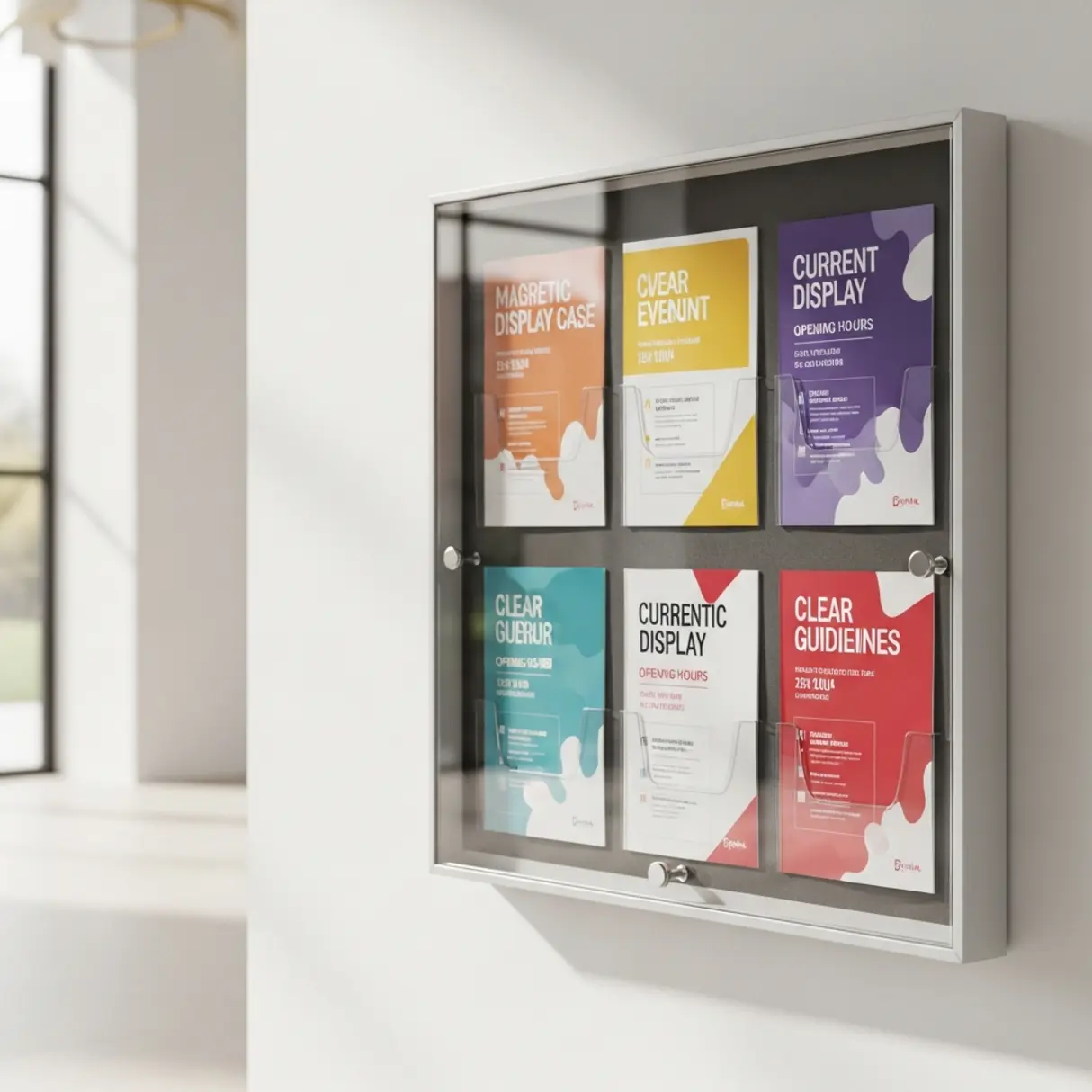 Magnetyczna gablota informacyjna z plakatami w lobby budynku.