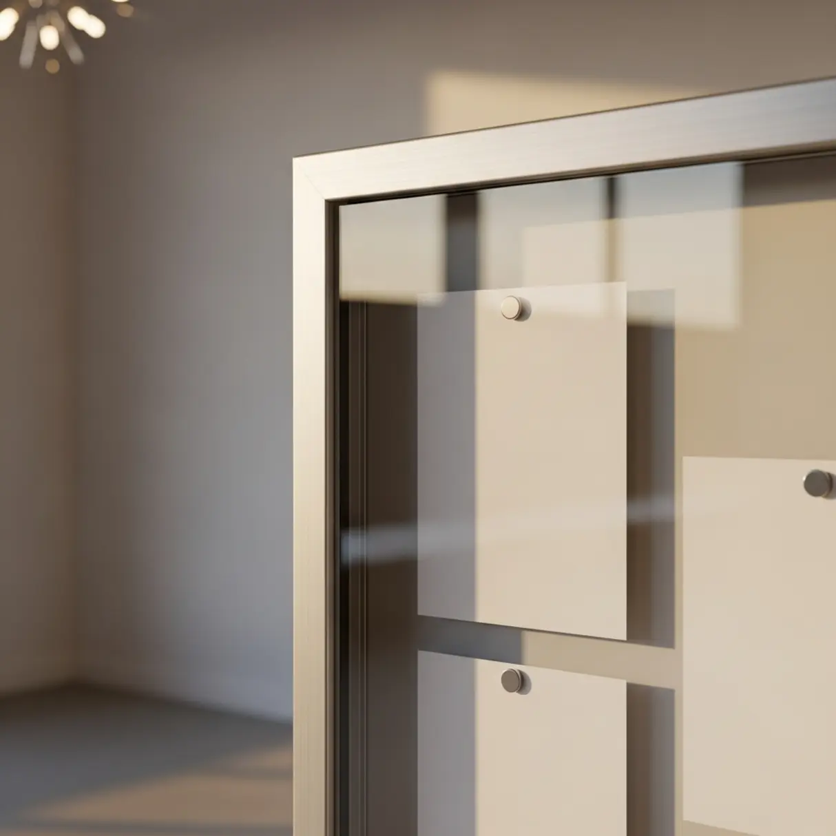Zbliżenie na nowoczesną gablotę magnetyczną z aluminiową ramą i szklanymi drzwiczkami, zamontowaną na ścianie. Wewnątrz białe kartki przymocowane magnesami.