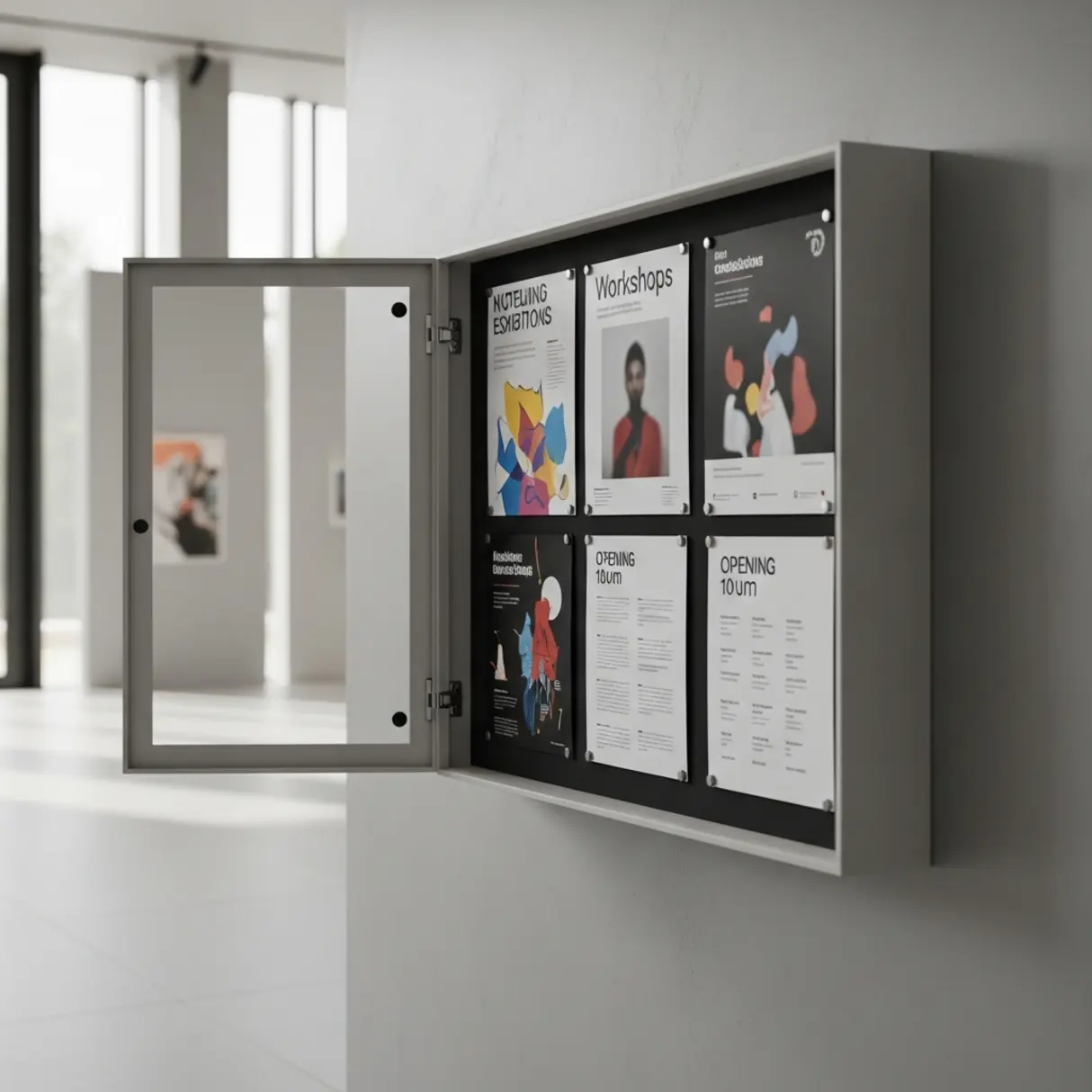 Nowoczesna gablota magnetyczna z plakatami informacyjnymi w holu instytucji kultury.