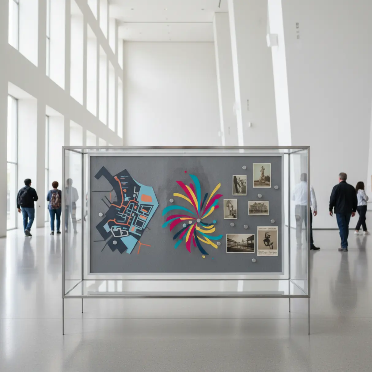 Wystawa w muzeum: nowoczesna gablota z mapą, grafiką i fotografiami.